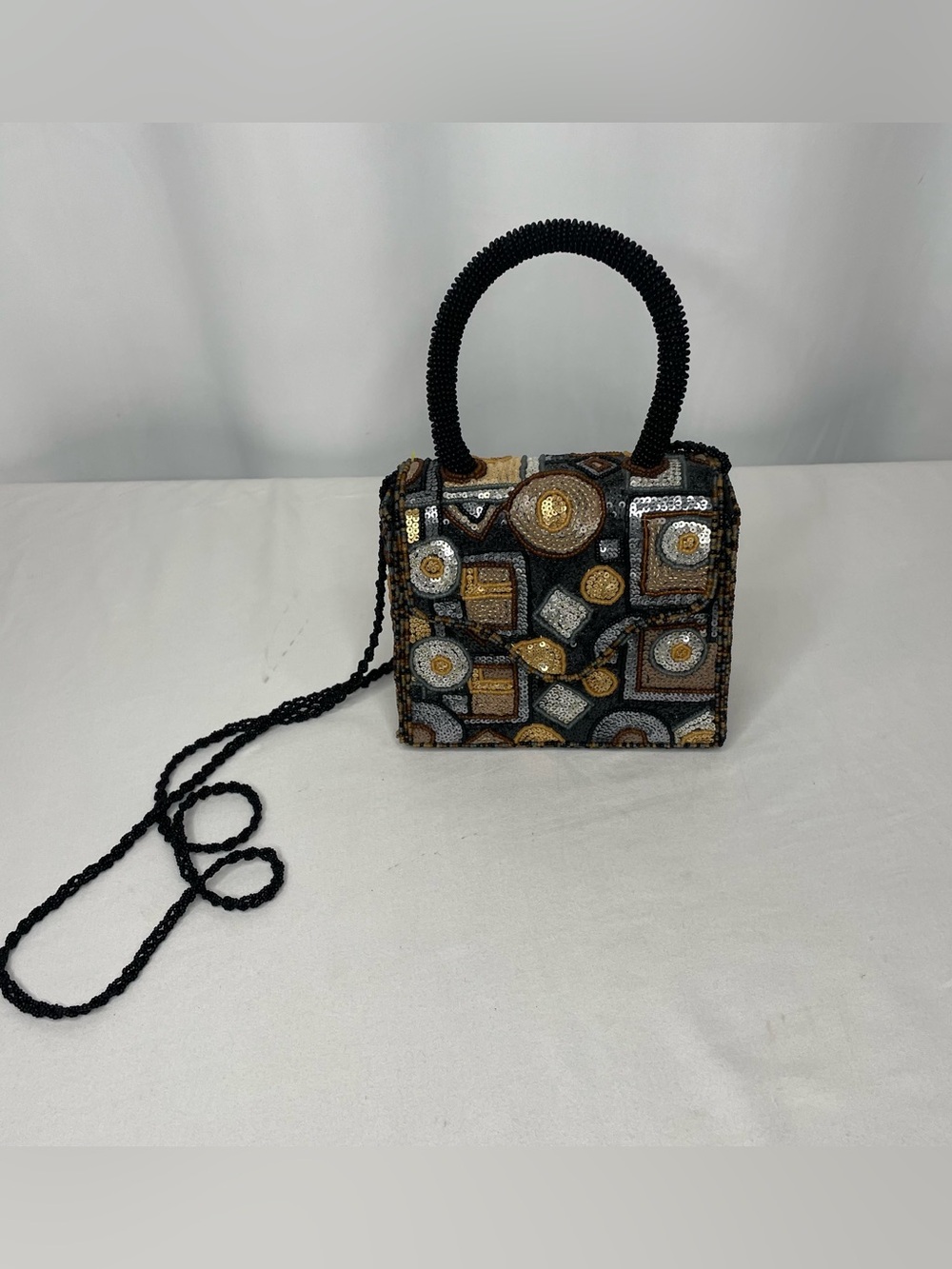 Chico’s Vintage Beaded Sequin Mini Evening Bag Black Gold Silver Crossbody